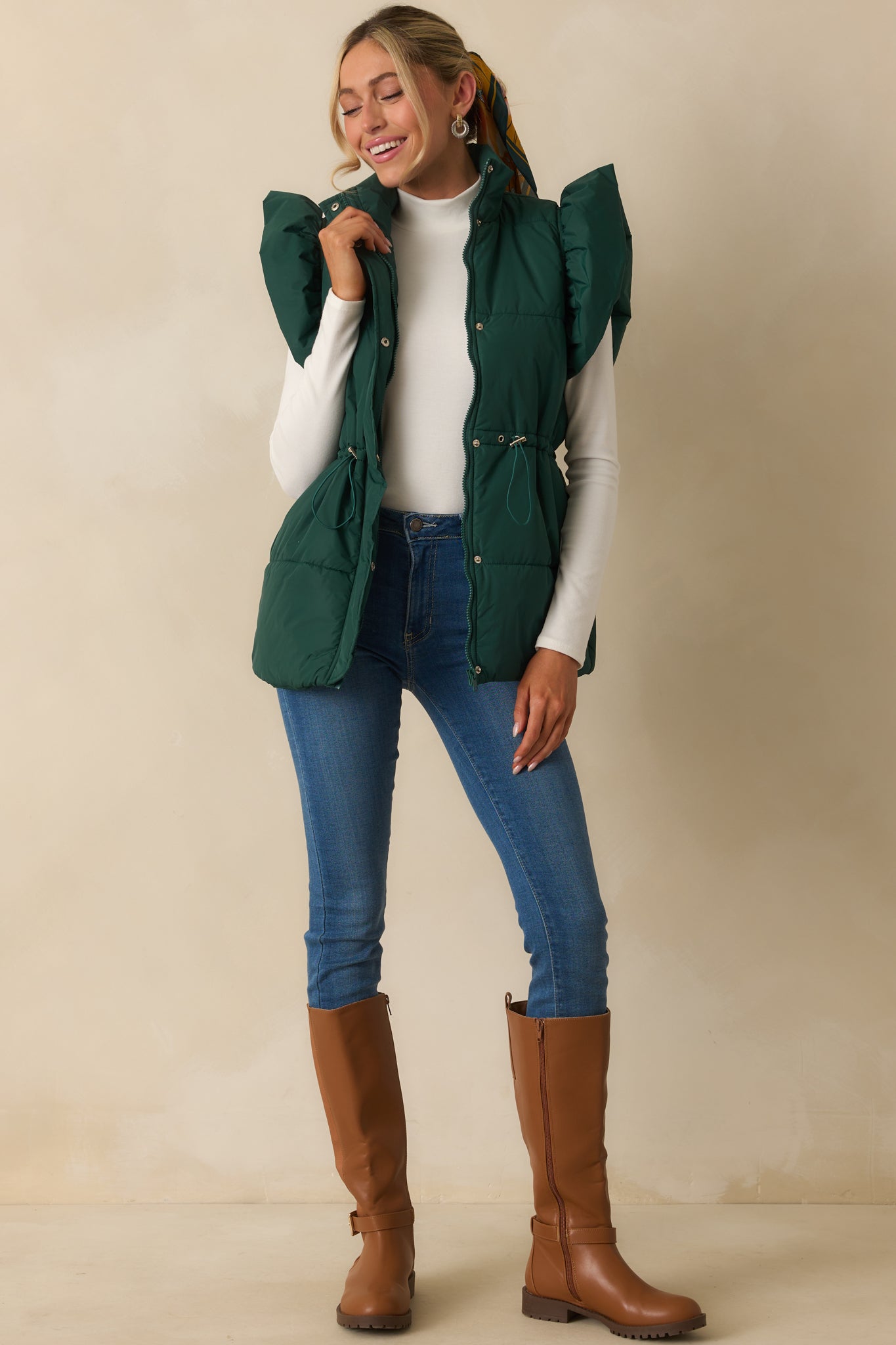 Cherry On Top Forest Green Flutter Sleeve Puffer Vest