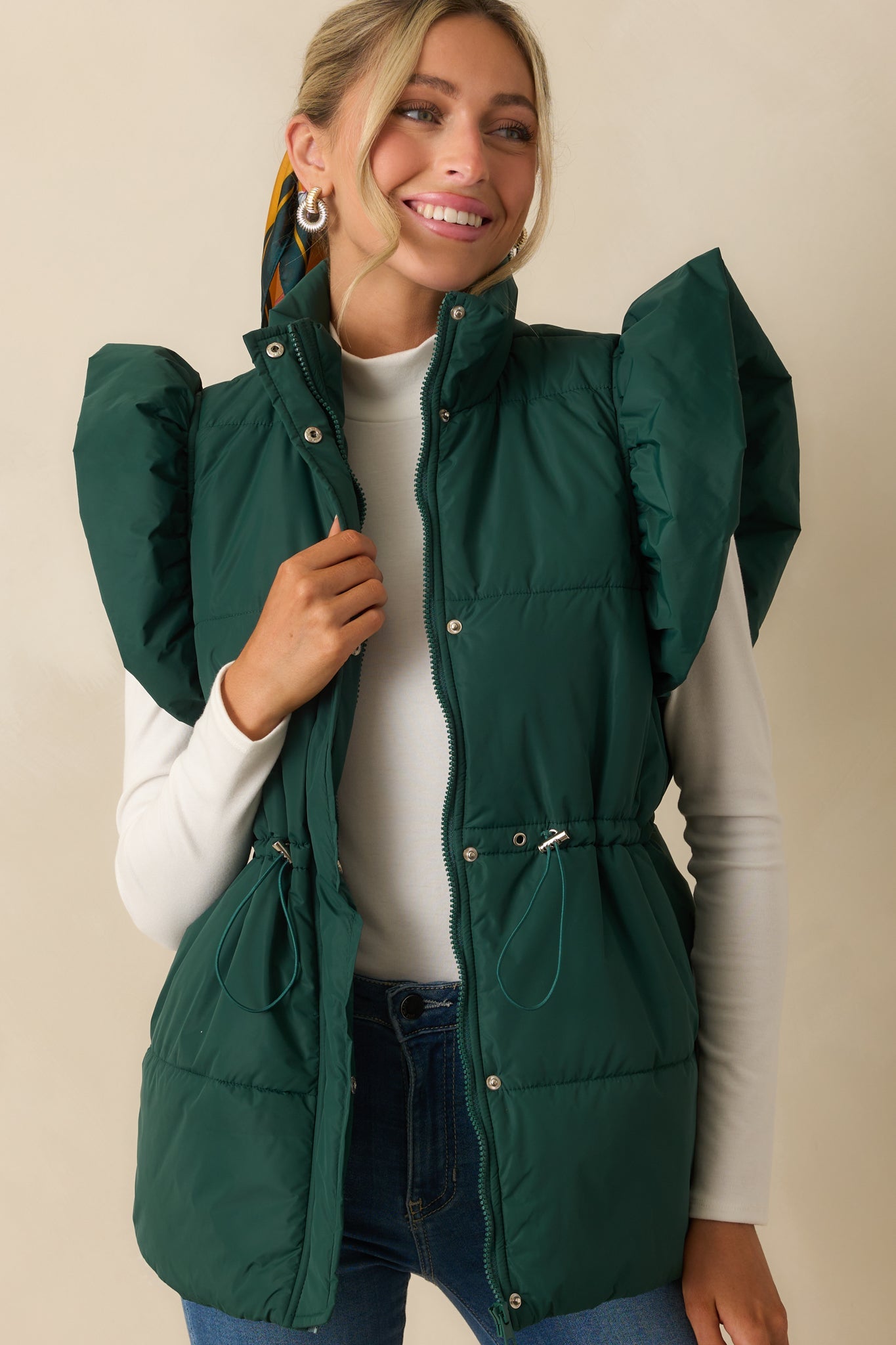 Cherry On Top Forest Green Flutter Sleeve Puffer Vest