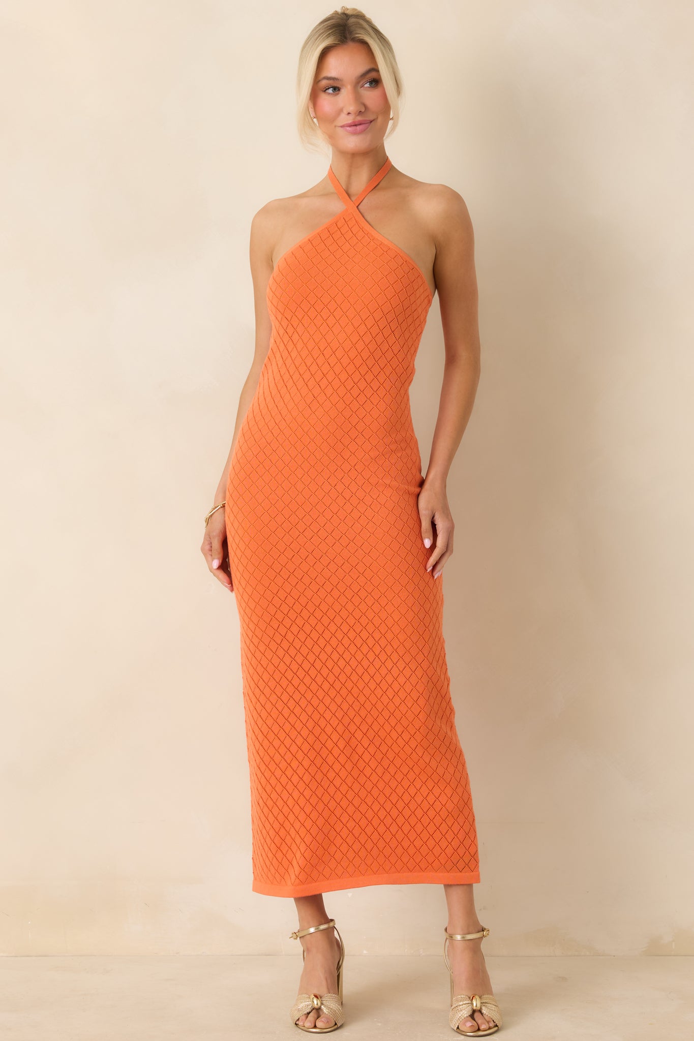 Causing a Heatwave Orange Textured Diamond Knit Halter Midi Dress