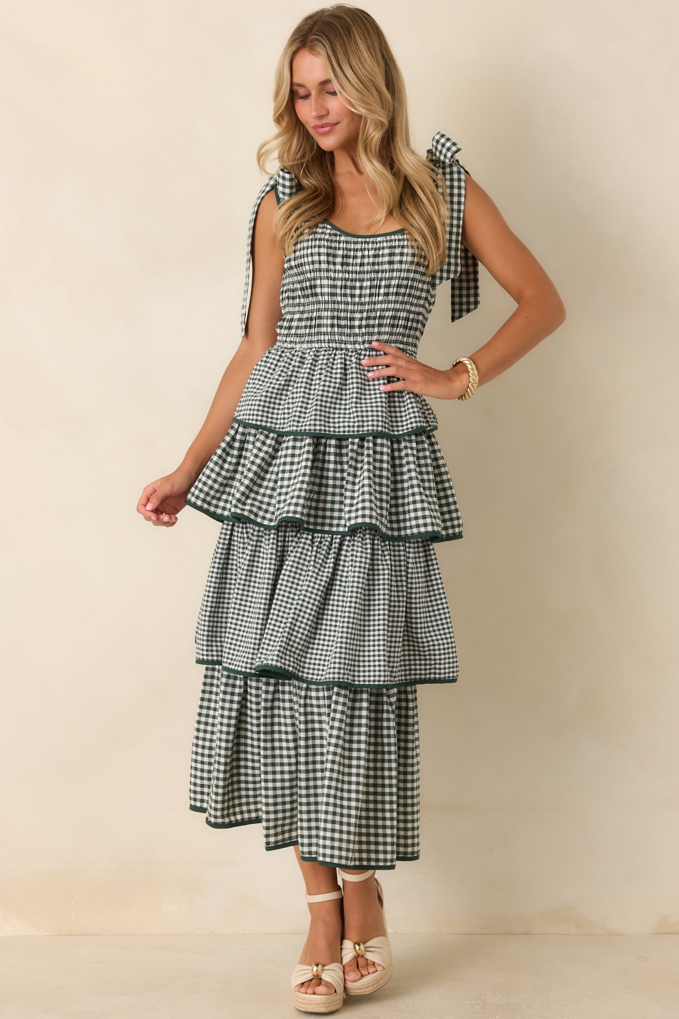 Garden Party Plans Hunter Green Gingham Tiered Midi Dress