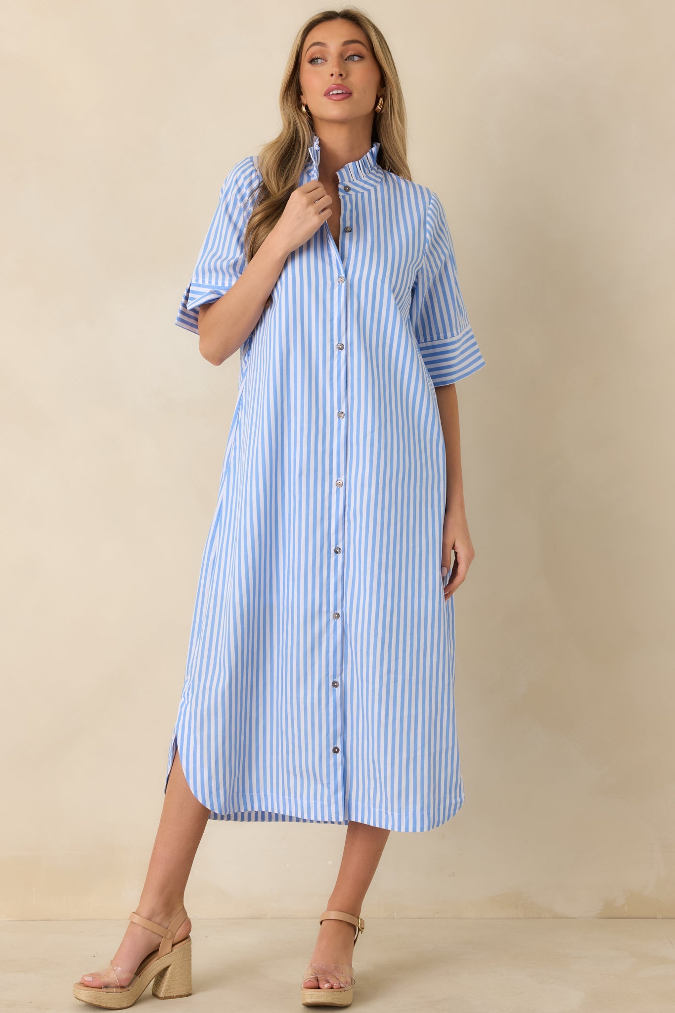 In Perfect Order Blue Stripe Button Front Ruffle Collar Midi Shirt Dress