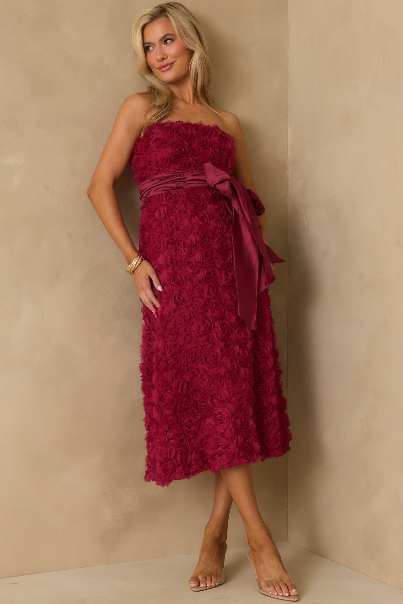 Raising The Bar Wine Red Floral Applique Midi Dress