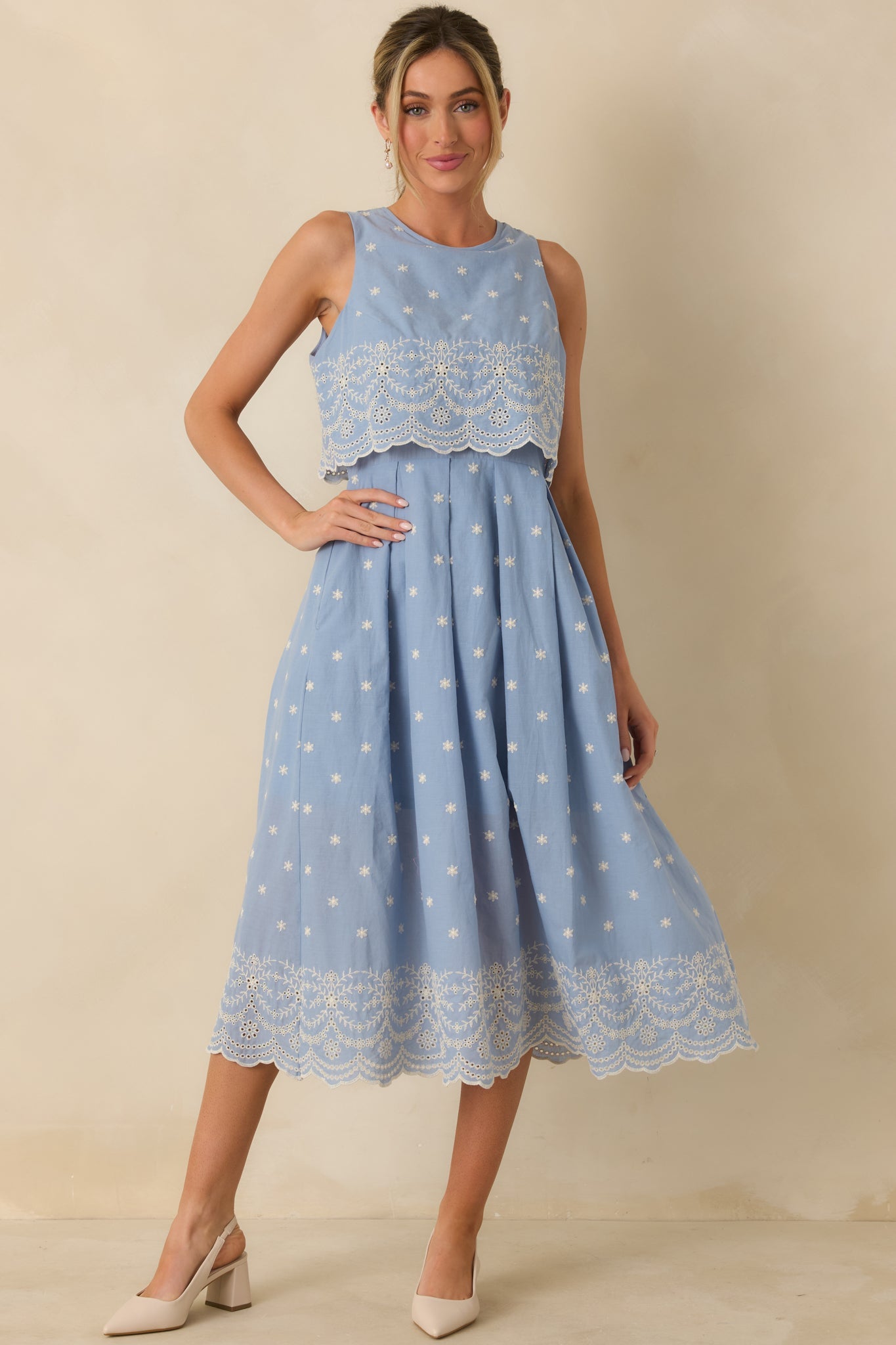 Right Here Waiting Light Blue Cotton Scallop Lace Embroidered Midi Dress