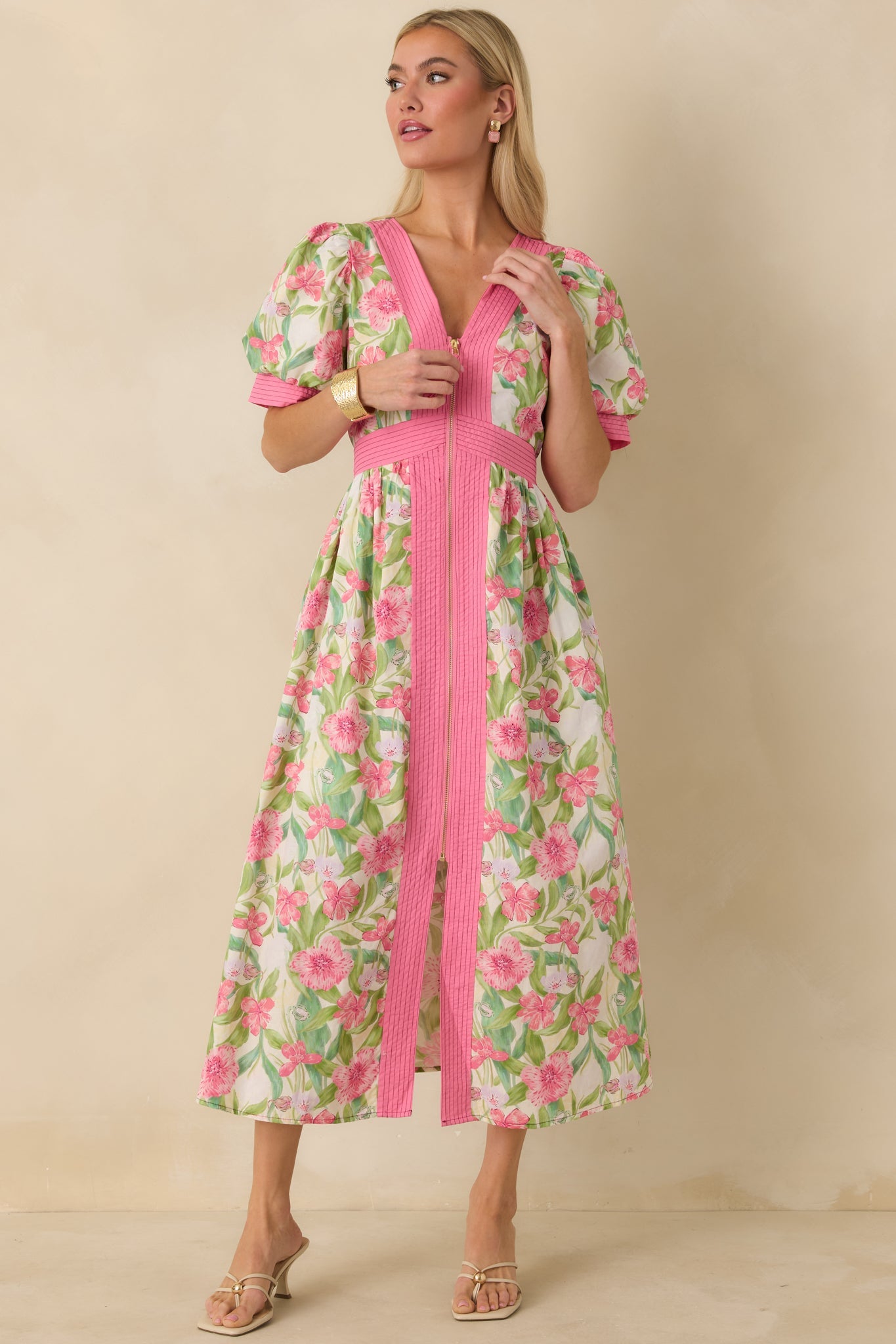 Color Me Floral Pink Multi Floral Print Cotton Zip Front Midi Dress