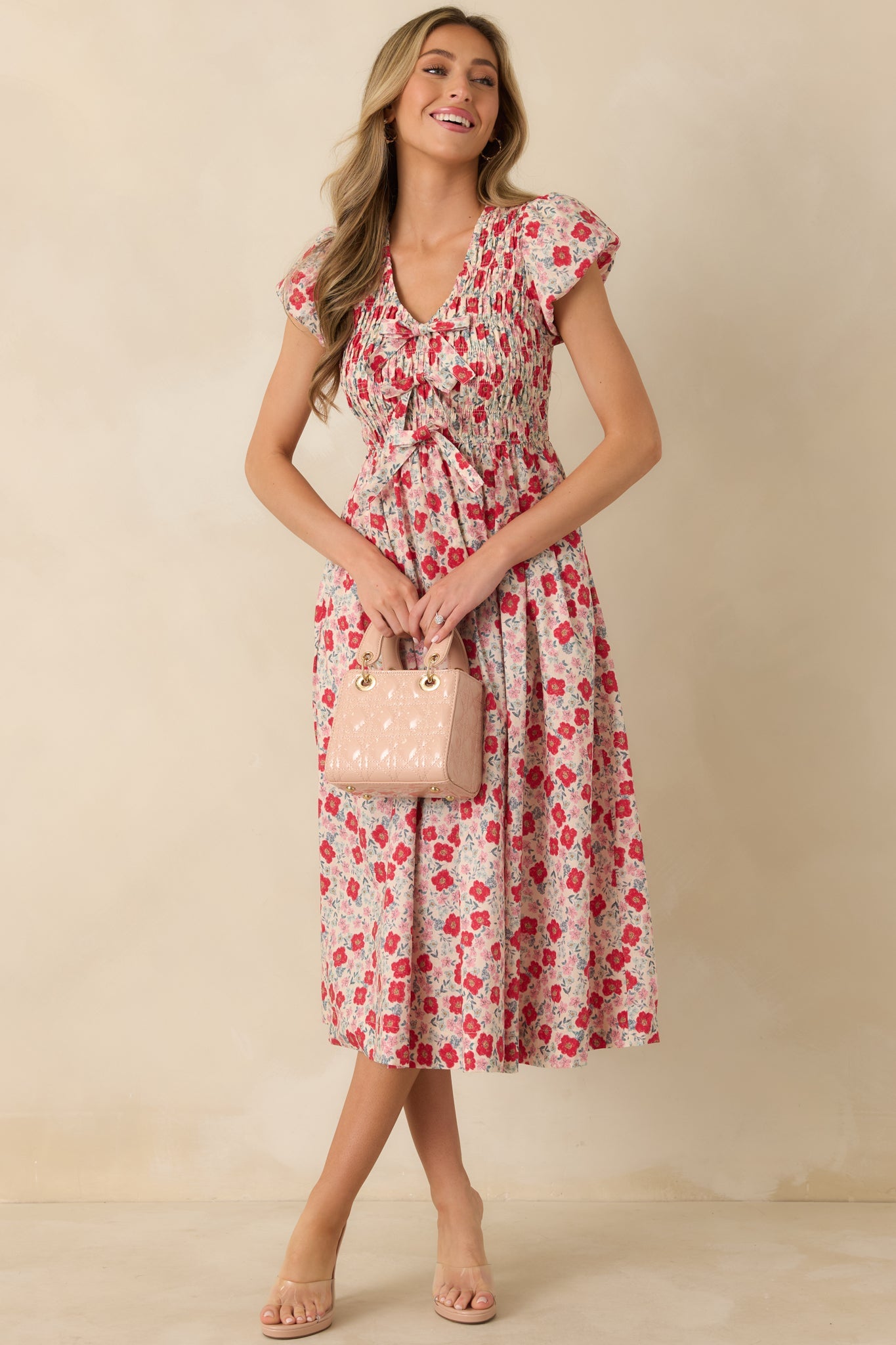 Tied With Love Red Multi Floral Print Cotton Bow Detail Midi Dress
