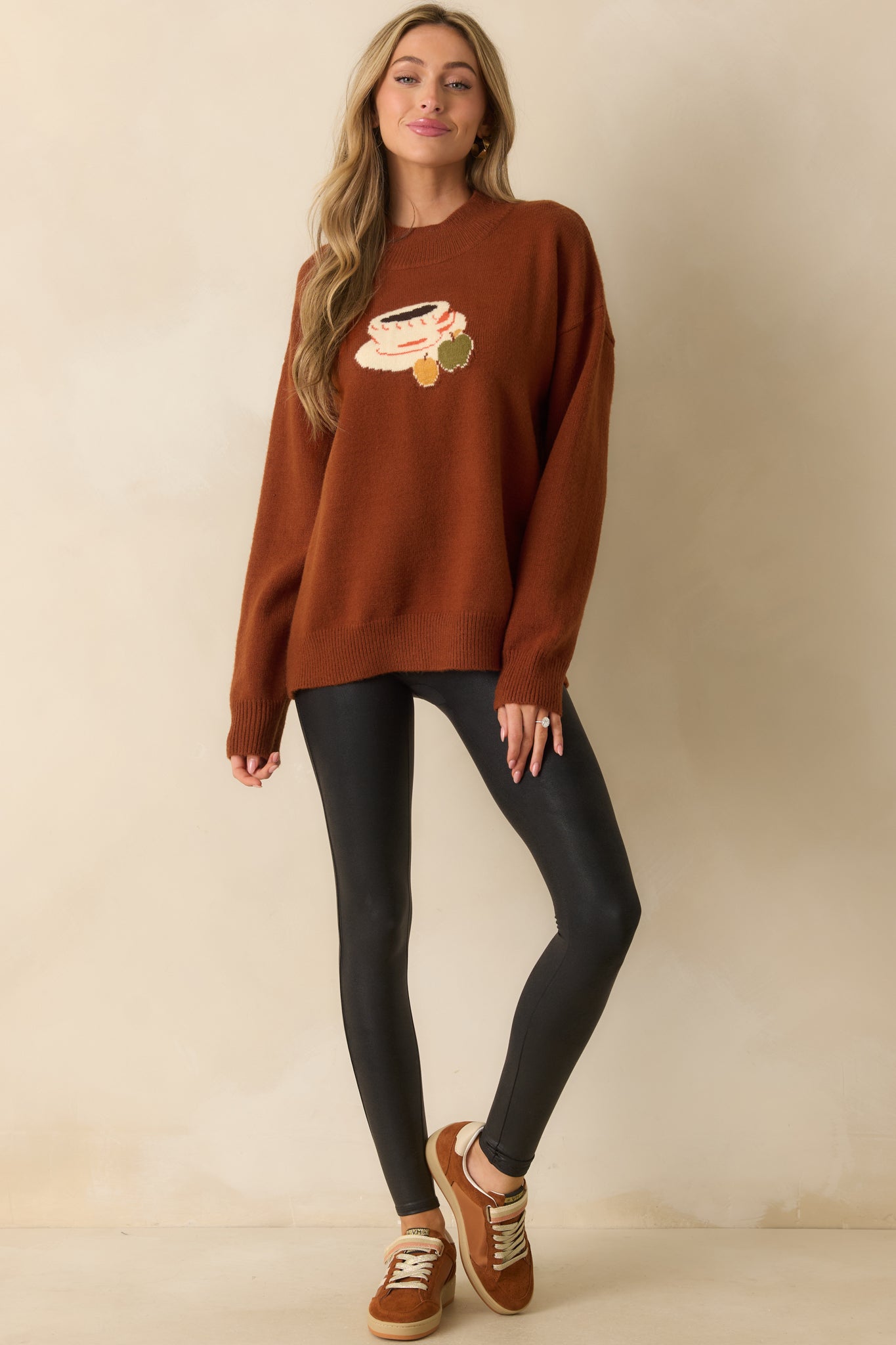 Another Town Over Rust Brown Coffee Cup Knit Crewneck Sweater