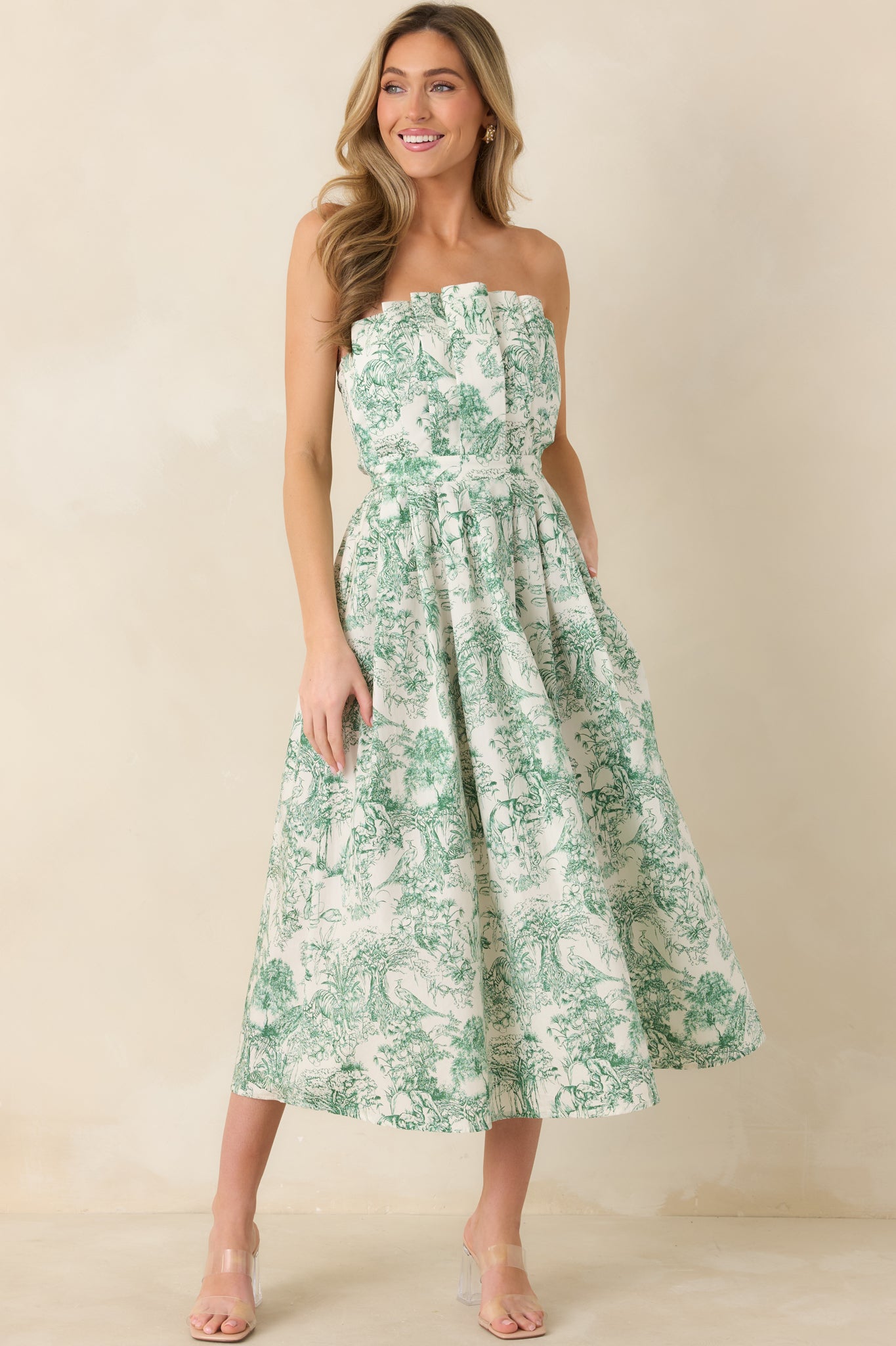 The Genevieve 100% Cotton Green Toile Strapless Midi Dress