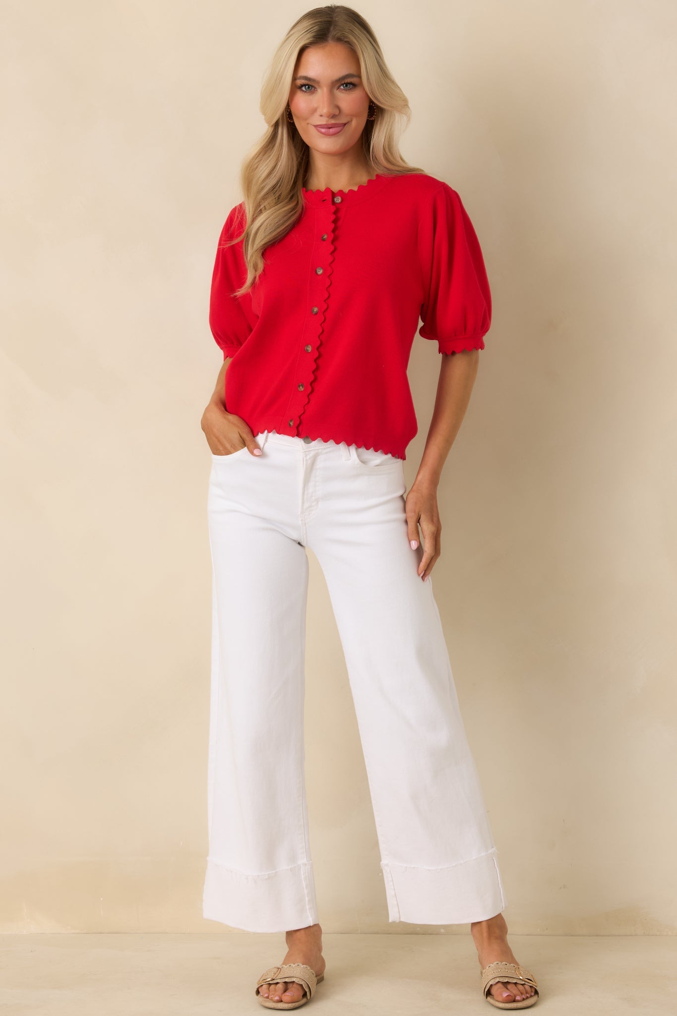 Simply So Cute Red Knit Scalloped Edge Puff Sleeve Button Up Cardigan