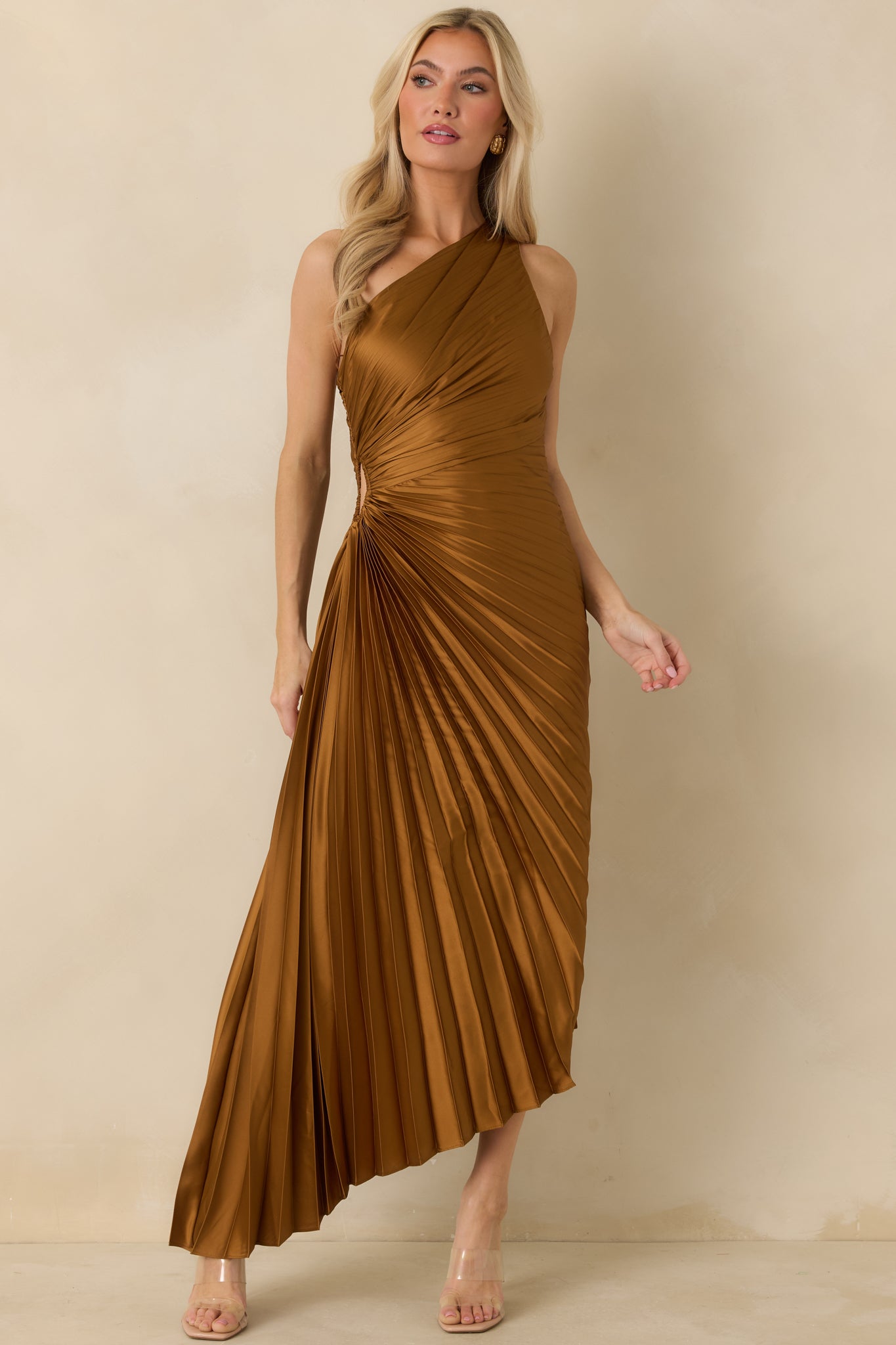 Poetic Charm Bronze Asymmetric One Shoulder Maxi Dress