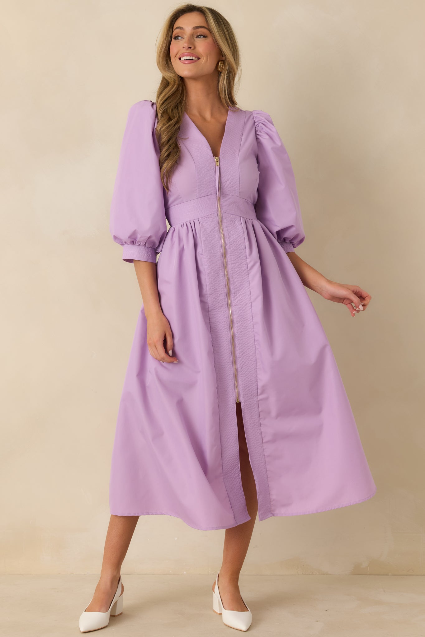 To Be Fair Lavender Blouson Sleeve Zip Up Midi Dress