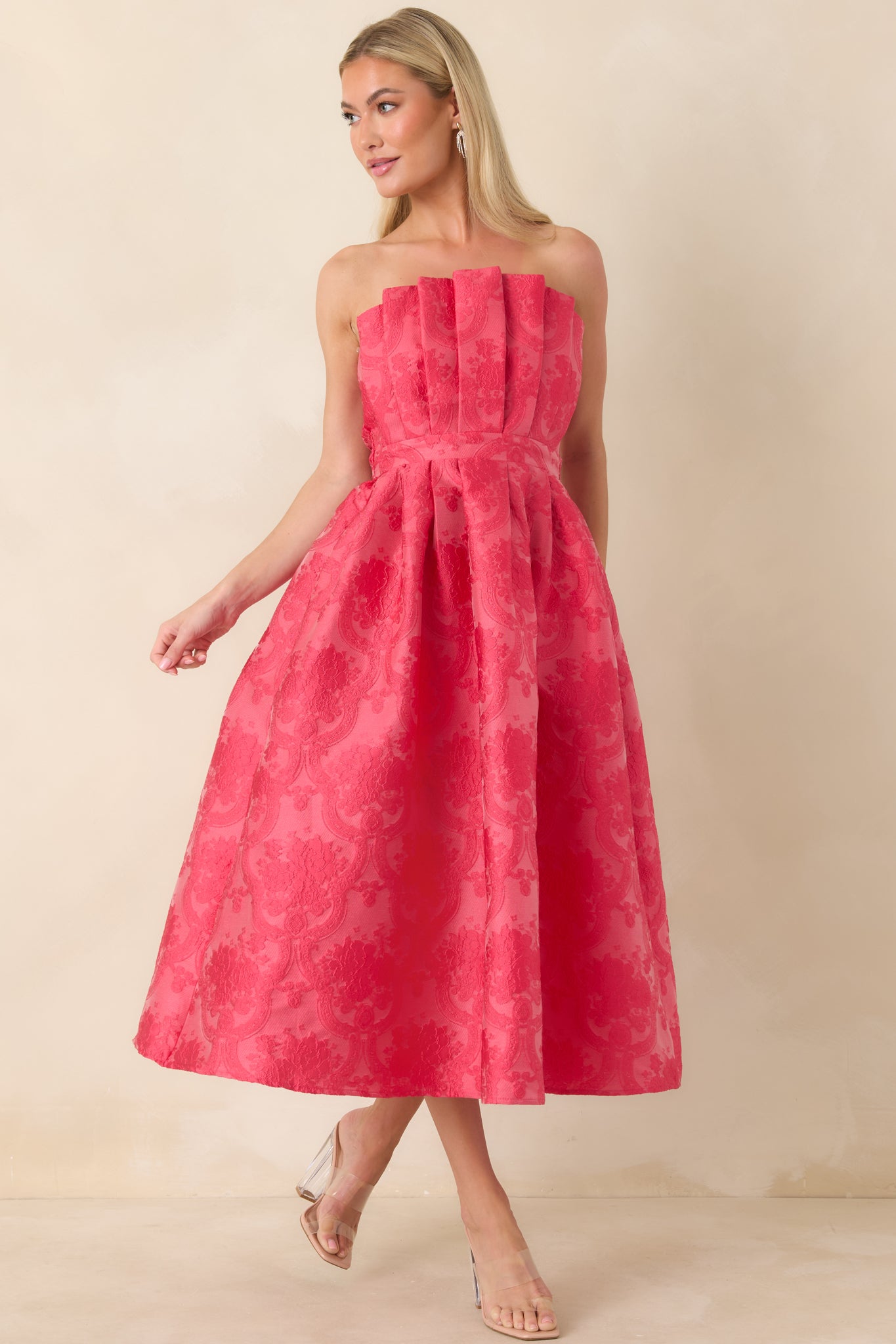 The Genevieve Hot Pink Jacquard Strapless Midi Dress