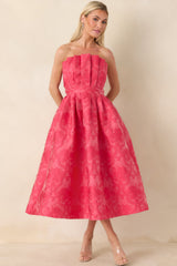 The Genevieve Hot Pink Jacquard Strapless Midi Dress