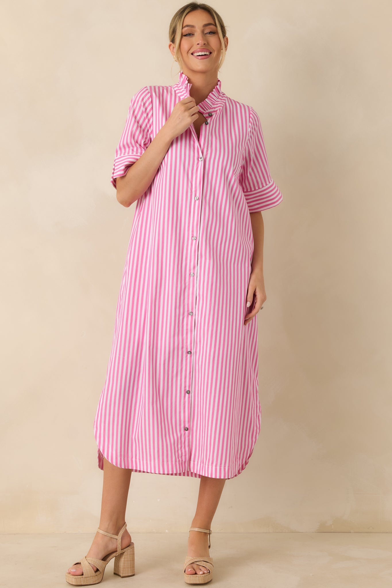 In Perfect Order Pink Stripe Button Front Ruffle Collar Midi Shirt Dress