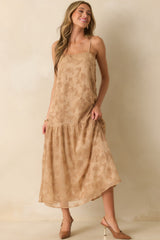 You Tell Me Tan Textured Floral Print Chiffon Drop Waist Maxi Dress