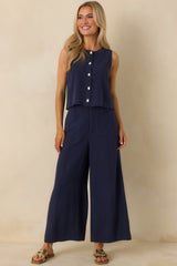 Met Your Match Navy Linen-Blend Wide Leg Pants