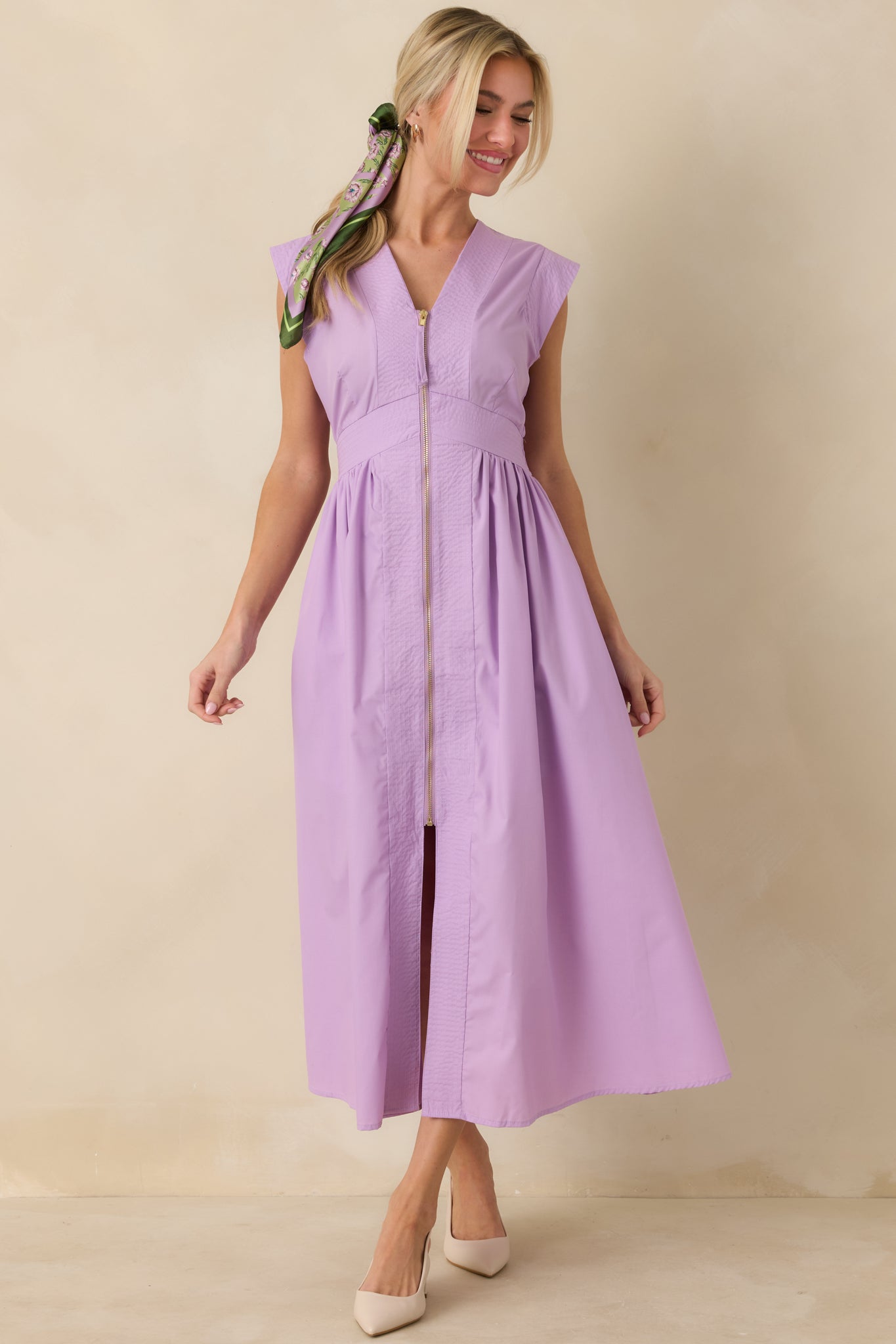 The Adeline Lavender Zip Up Midi Dress