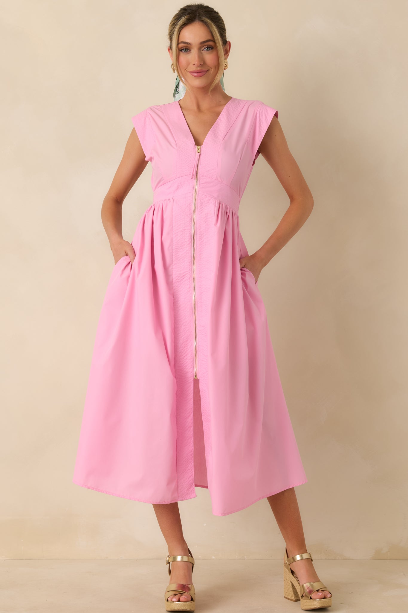 The Adeline Pink Zip Up Midi Dress