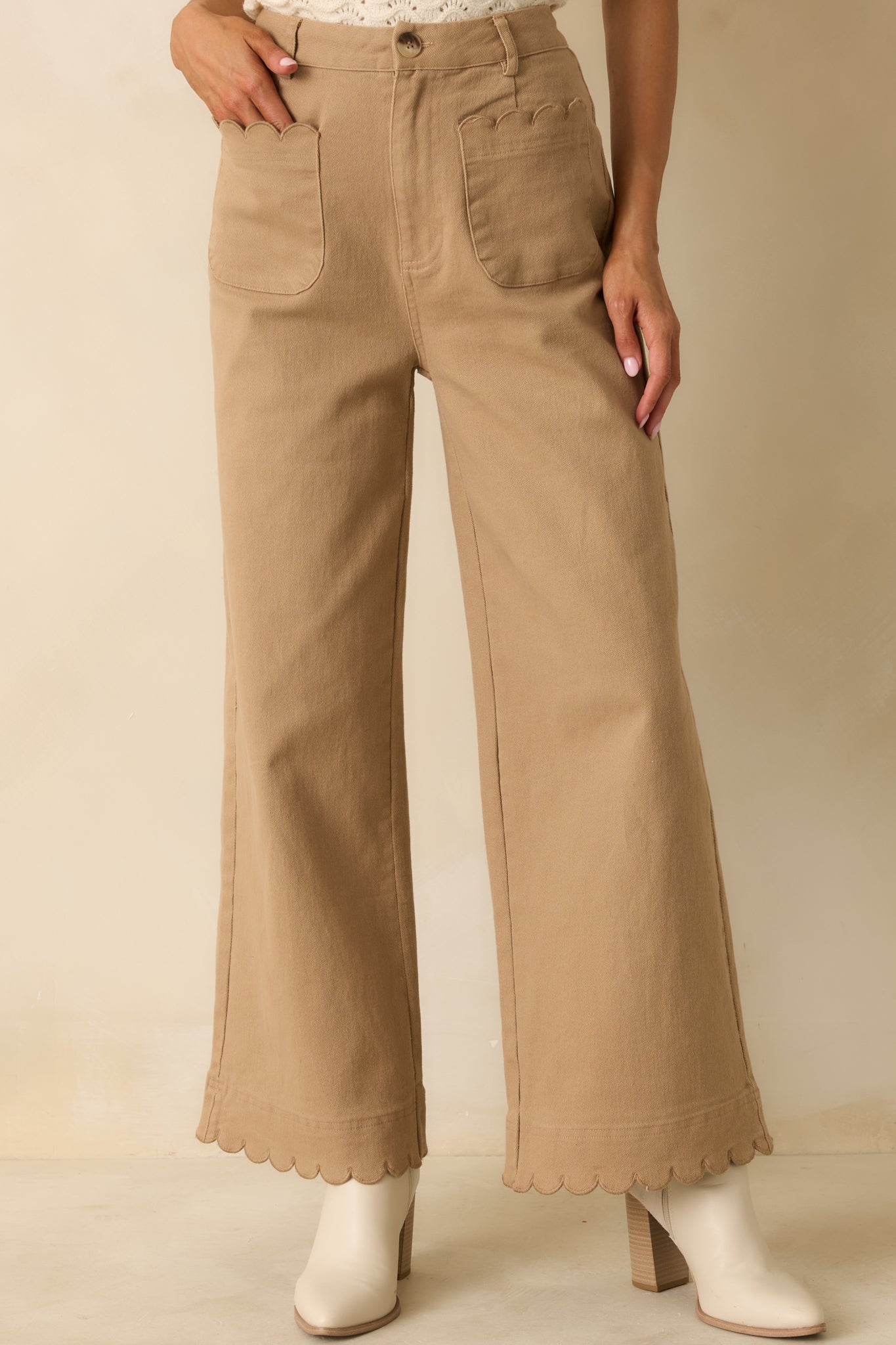 Set For The Day Camel Cotton Scalloped Wide Leg Pants