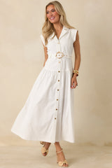 Just Right Moments White Sleeveless Belted Maxi Shirt Dress