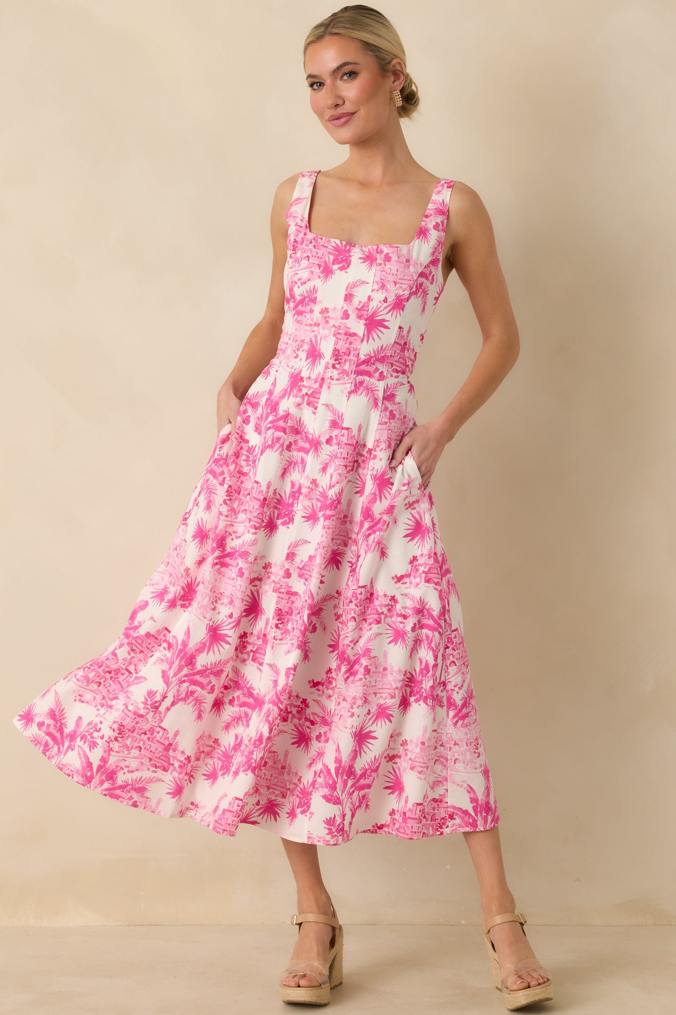 Destination Daydream Hibiscus Pink Palm Print Tie Back Midi Dress
