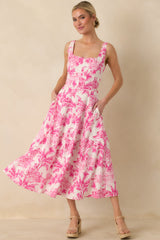 Destination Daydream Hibiscus Pink Palm Print Tie Back Midi Dress