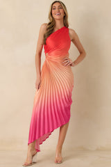 Poetic Charm Coral Pink Ombre Asymmetric One Shoulder Maxi Dress