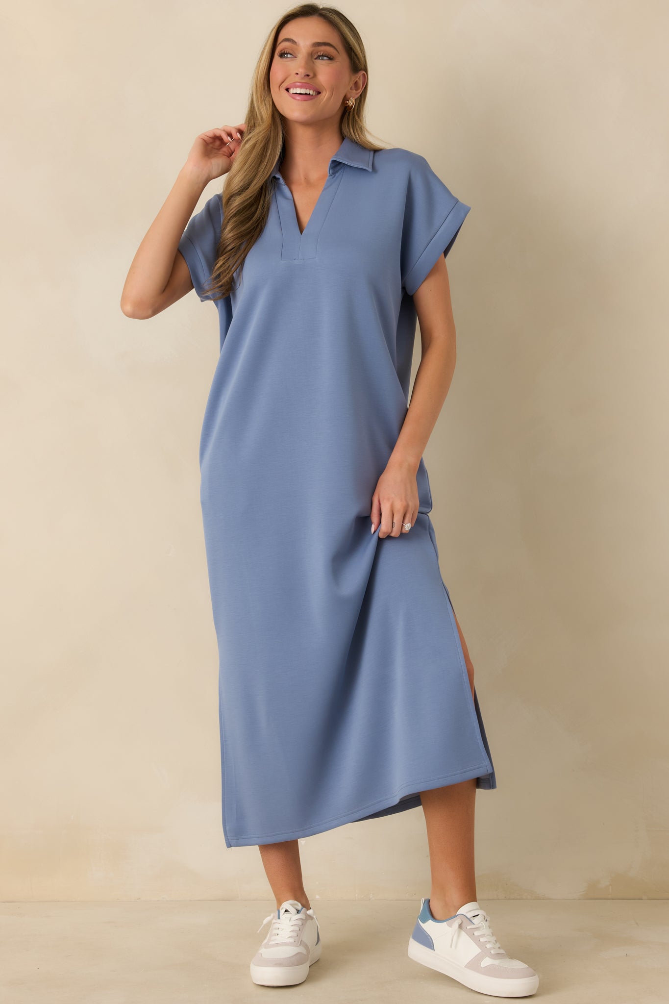 Made The Right Call Chambray Blue Collared Midi T-Shirt Dress