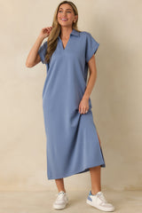 Made The Right Call Chambray Blue Collared Midi T-Shirt Dress