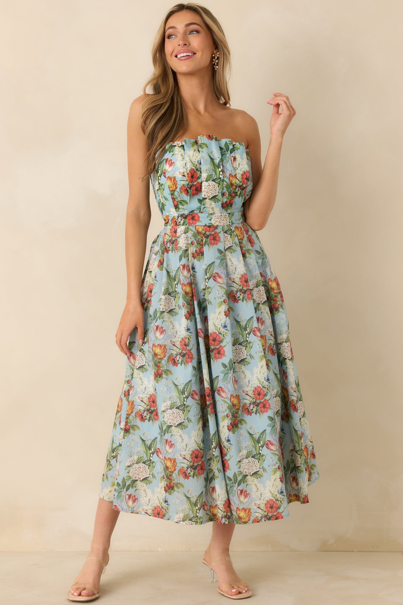 The Genevieve Sky Blue Multi Vintage Floral Print Cotton Strapless Maxi Dress