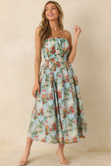 The Genevieve Sky Blue Multi Vintage Floral Print Cotton Strapless Maxi Dress