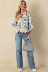 Petals in the Breeze Blue Multi Cotton Floral V-Neck Top