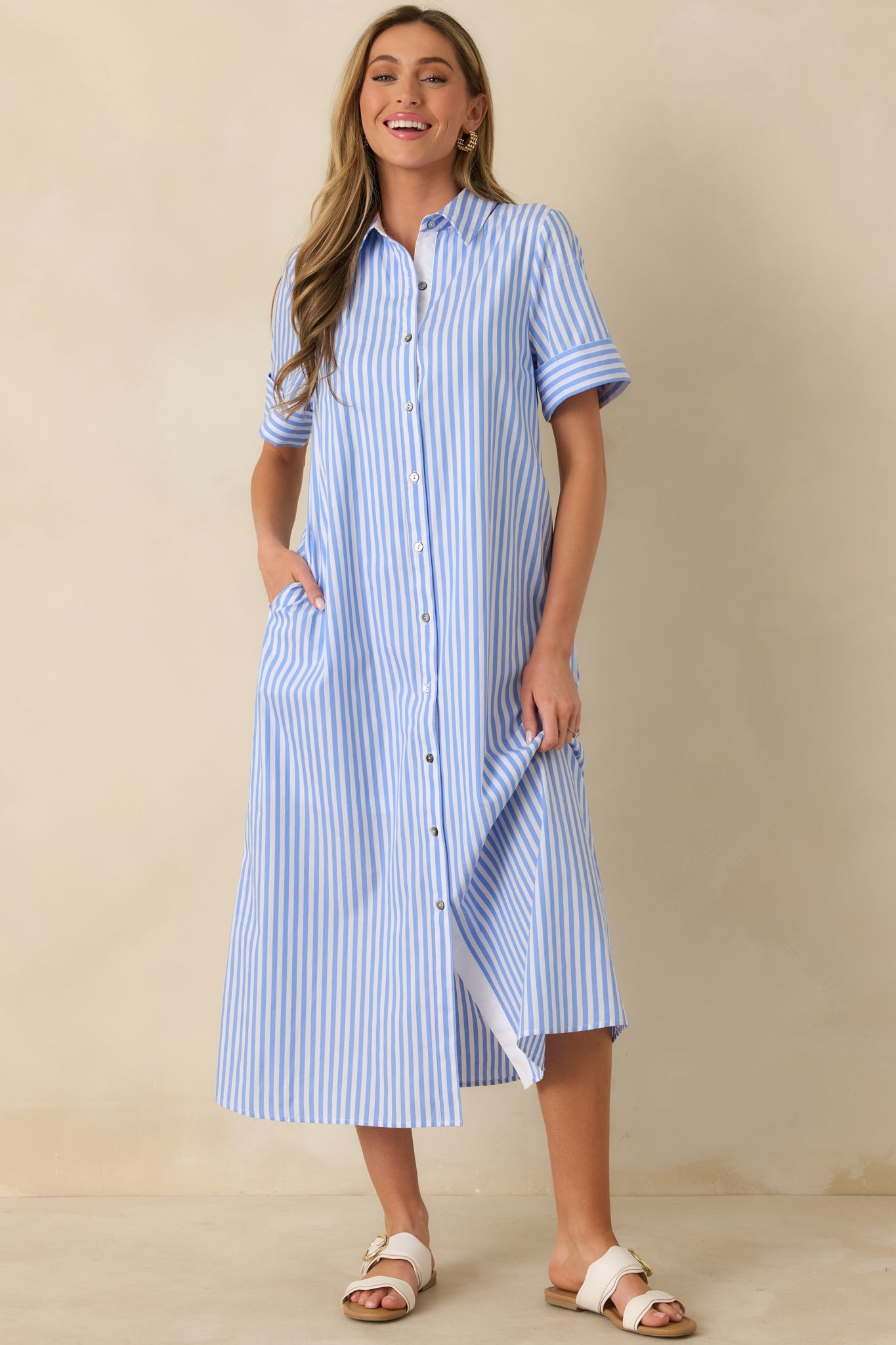 Pretty in Pinstripes Blue Cotton Stripe Button Front Maxi Shirt Dress