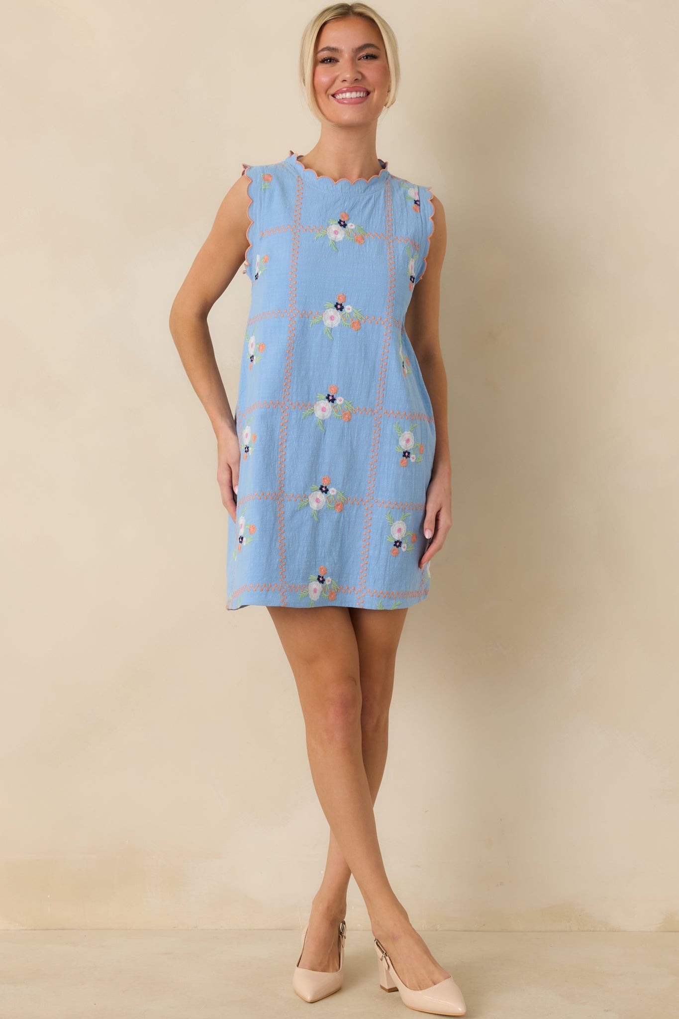 A Sweet Escape Light Blue Multi Floral Embroidered Cotton Sleeveless Mini Dress