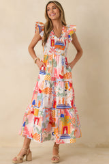 Where the Sun Goes Orange & Pink Multi Cotton V-Neck Flutter Sleeve Maxi Dress