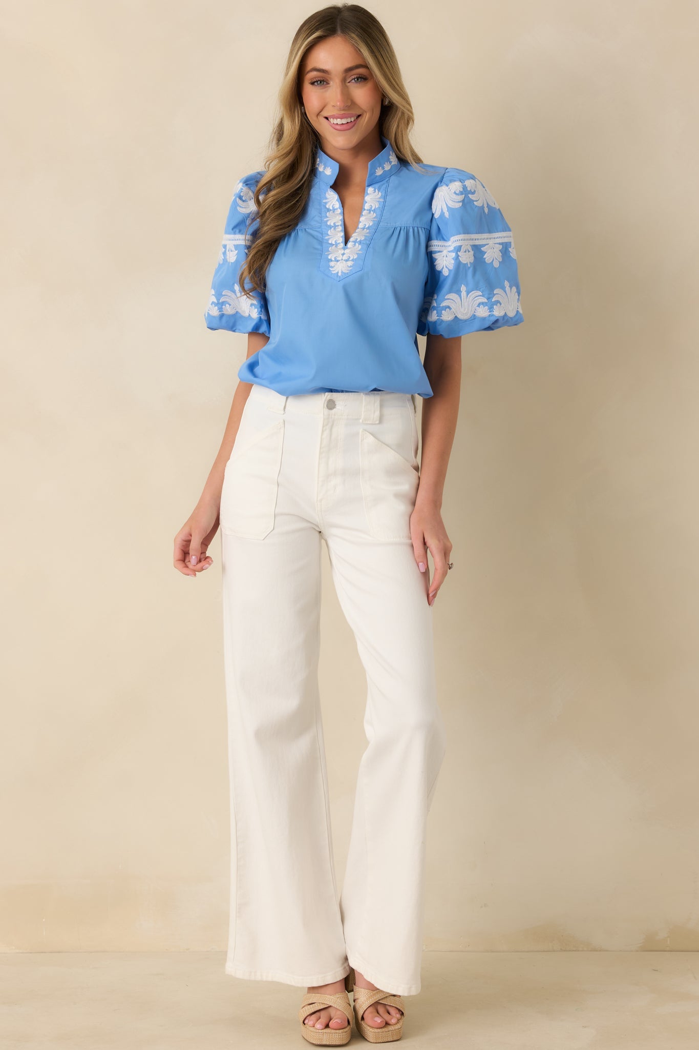 True to You Blue Embroidered Detail Puff Sleeve V-Neck Top