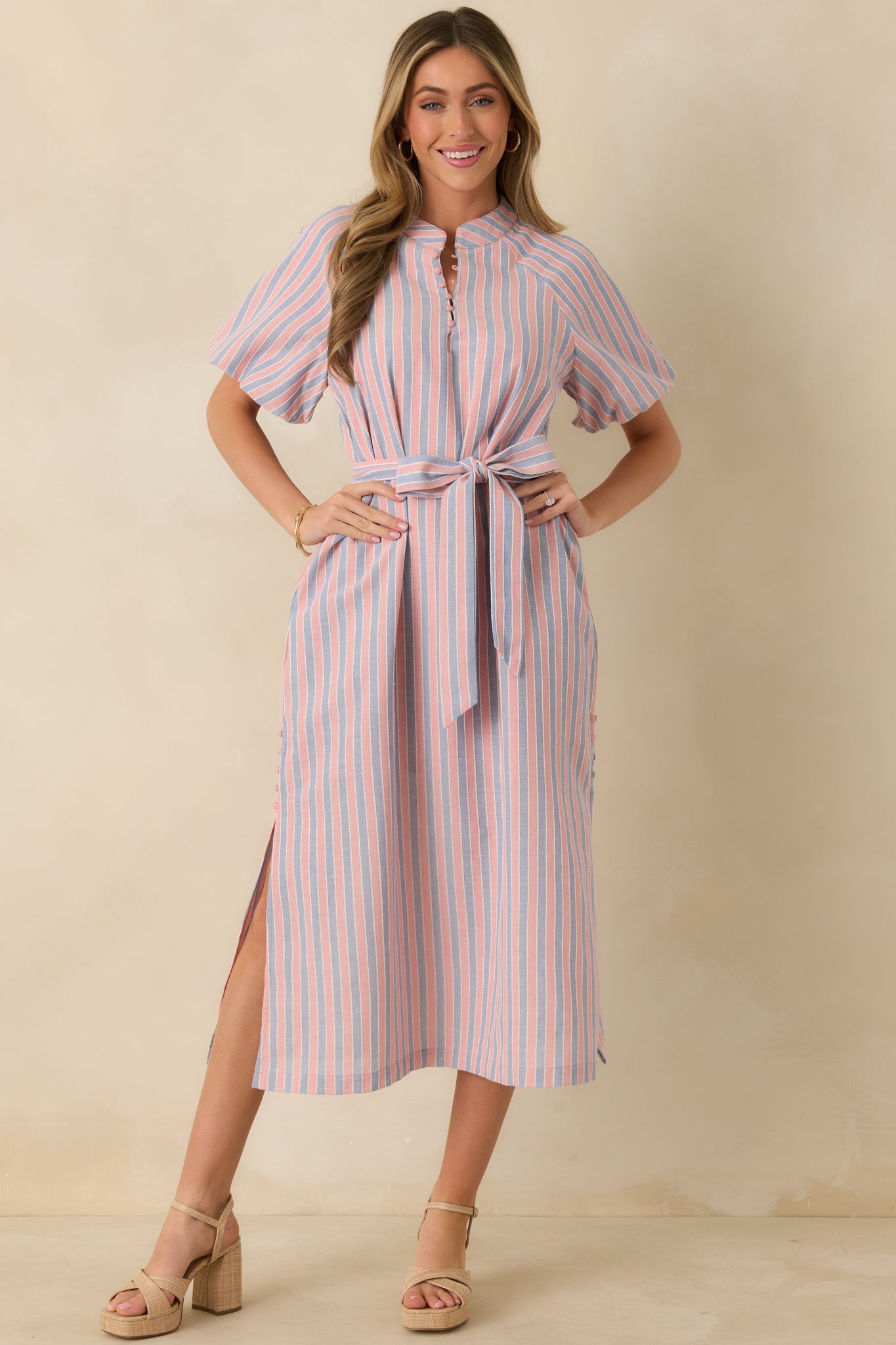 Elegantly In Route Pink & Blue Stripe Cotton Blend Belt Tie Midi Dress