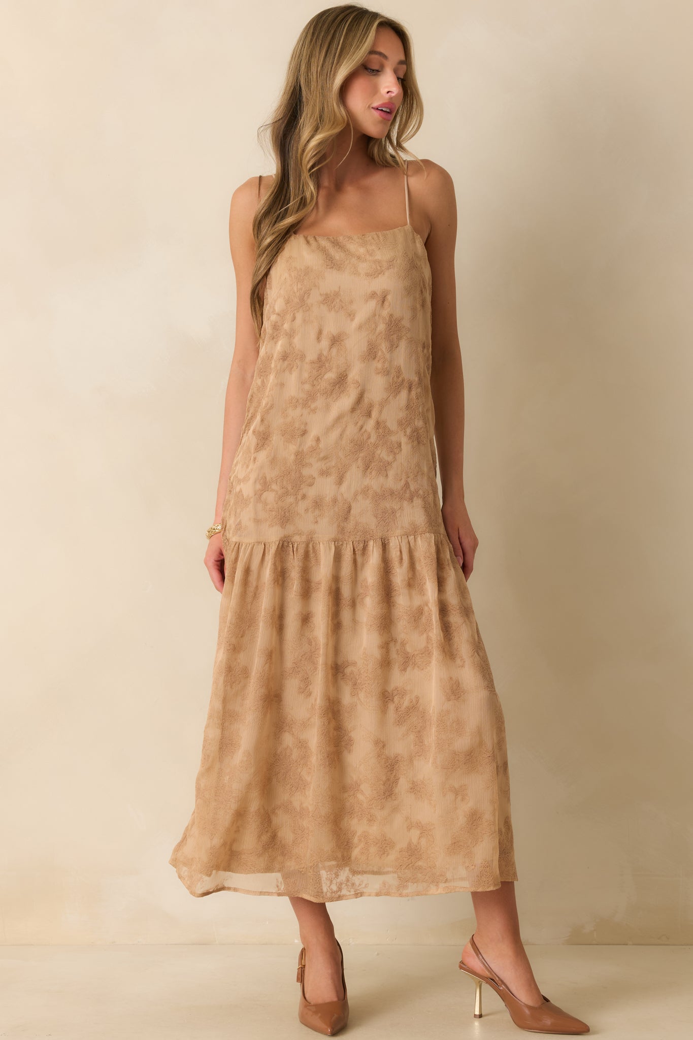 You Tell Me Tan Textured Floral Print Chiffon Drop Waist Maxi Dress