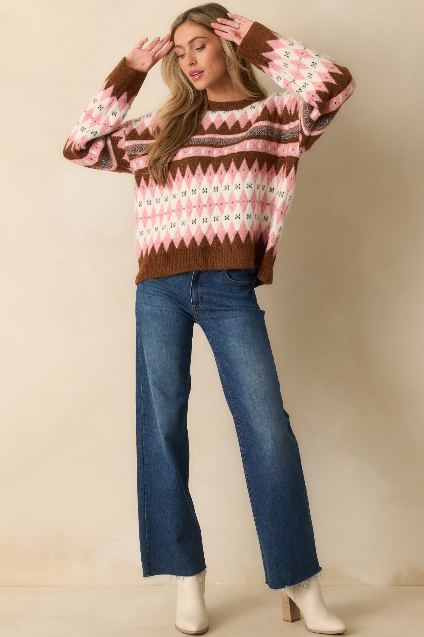 Worth The Mention Pink Multi Argyle Fair Isle Knit Crewneck Sweater