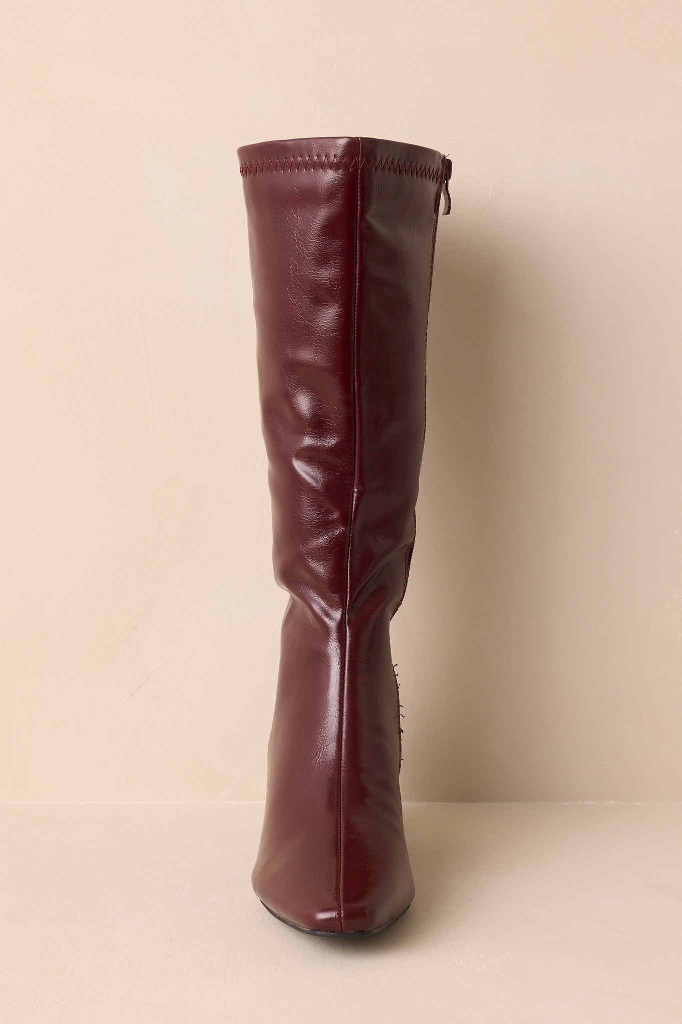 Set The Tone Wine Red Faux Leather Knee High Block Heel Boots