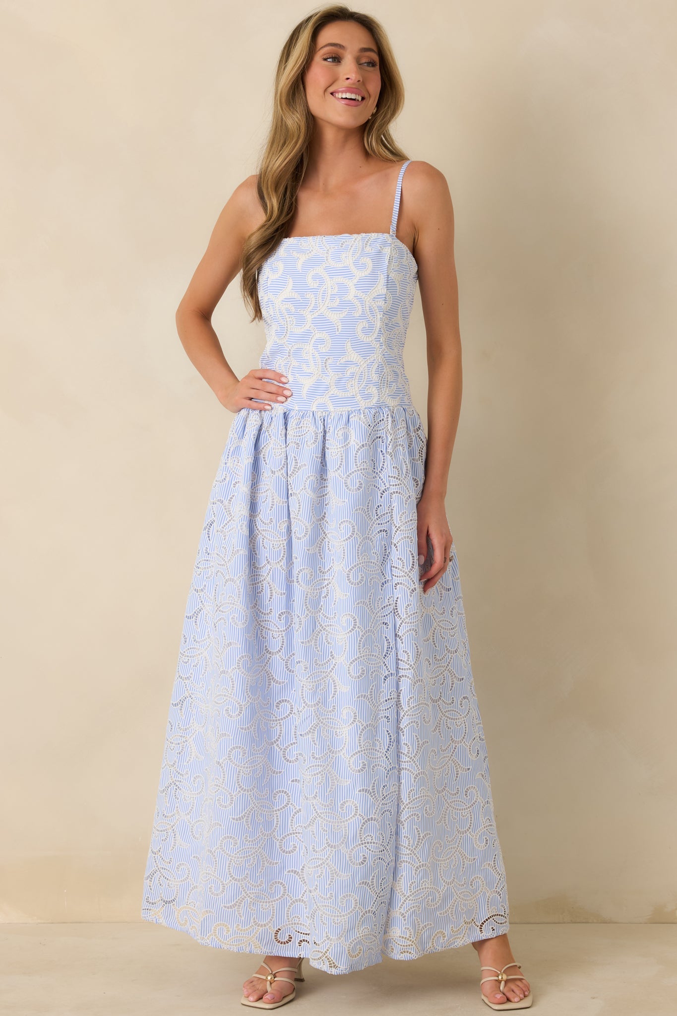The Space Between Blue Stripe Embroidered Eyelet Maxi Dress