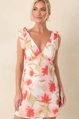 Simply Adored Pink Multi Floral Shoulder Tie Mini Dress