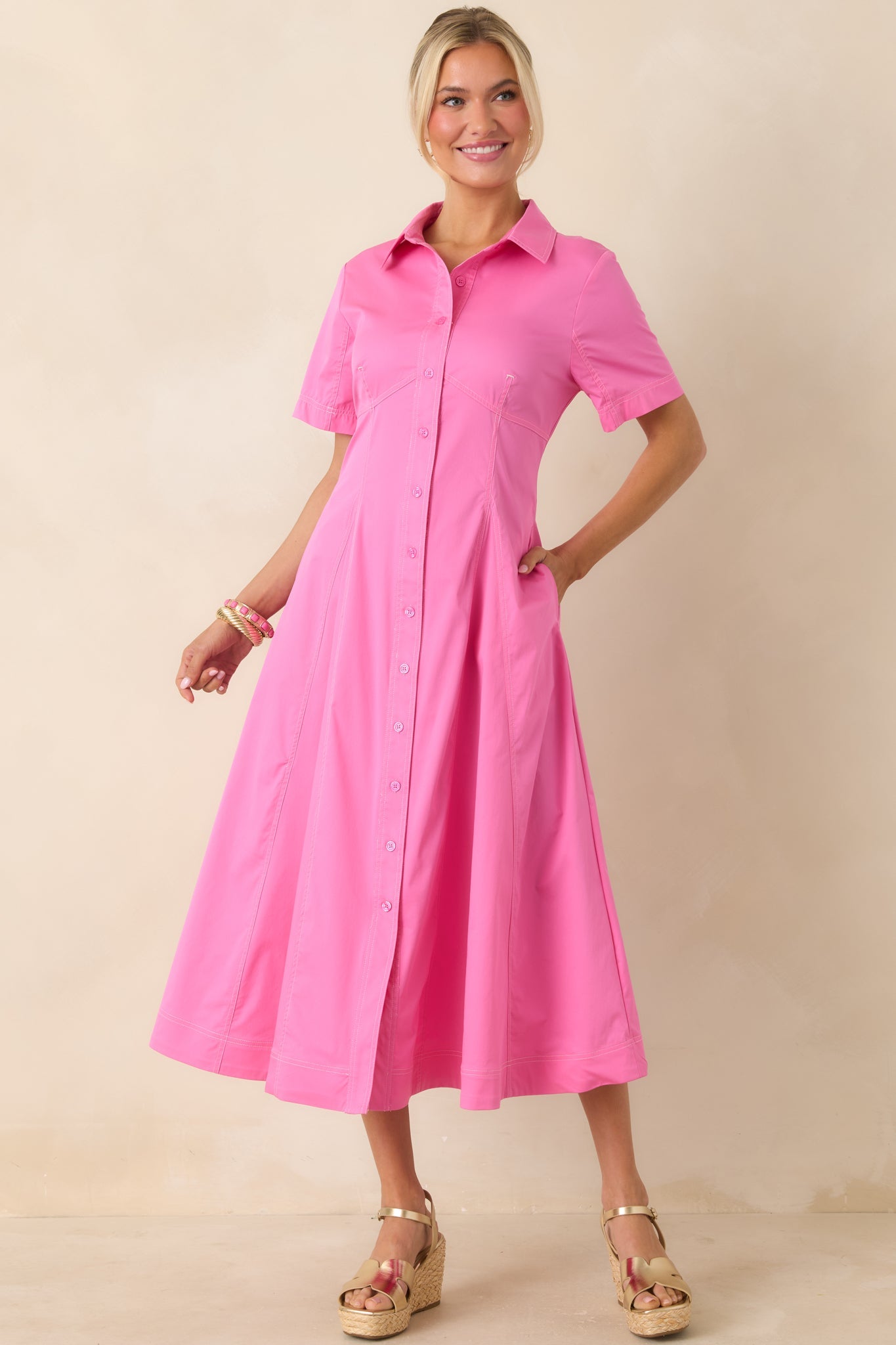 Make It Look Easy Pink Short Sleeve Midi Shirt Dress
