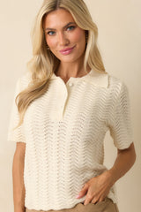 Left It At That Ivory Scalloped Pointelle Knit Short Sleeve Sweater