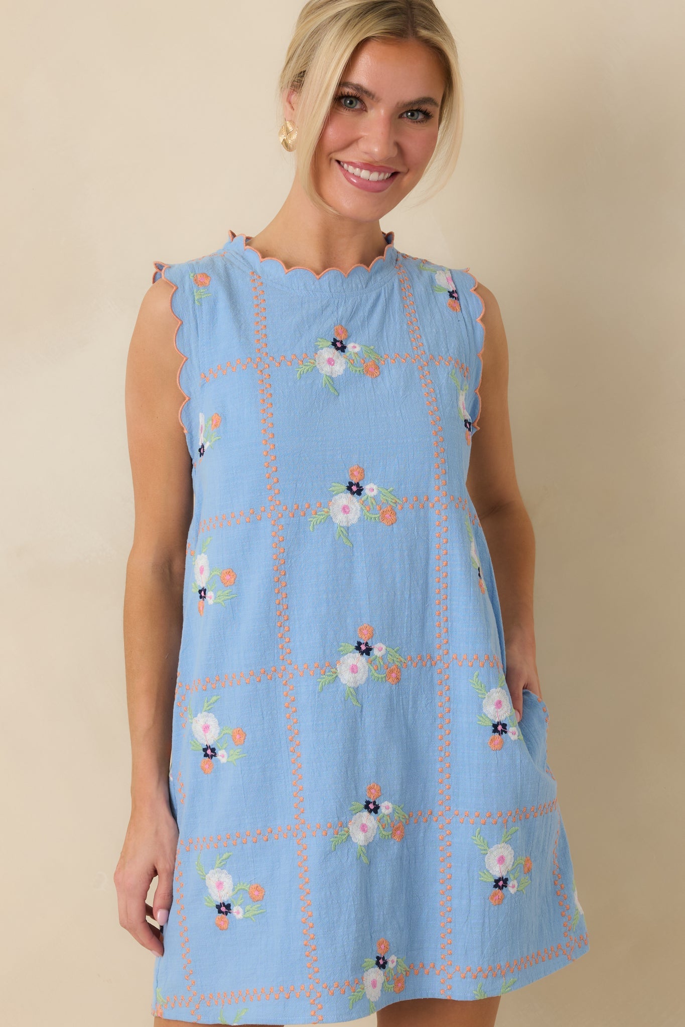A Sweet Escape Light Blue Multi Floral Embroidered Cotton Sleeveless Mini Dress