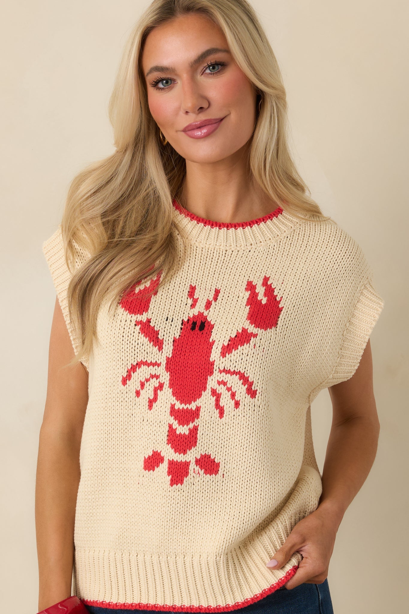 Just a Pinch Ivory Multi Knit Sleeveless Lobster Sweater