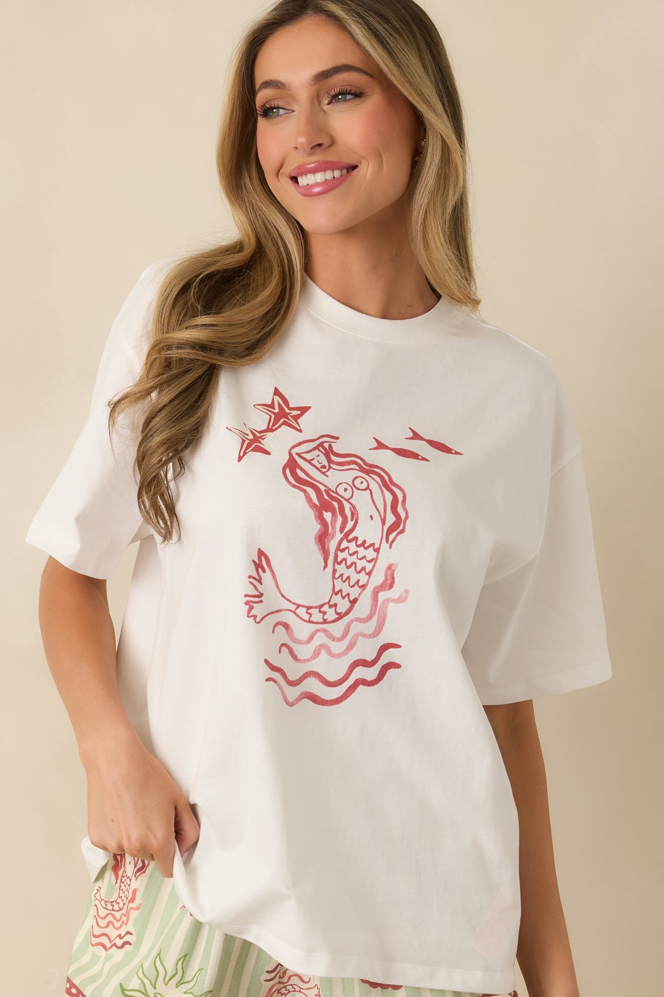 MINKPINK Soleil White Cotton Mermaid Print T-Shirt