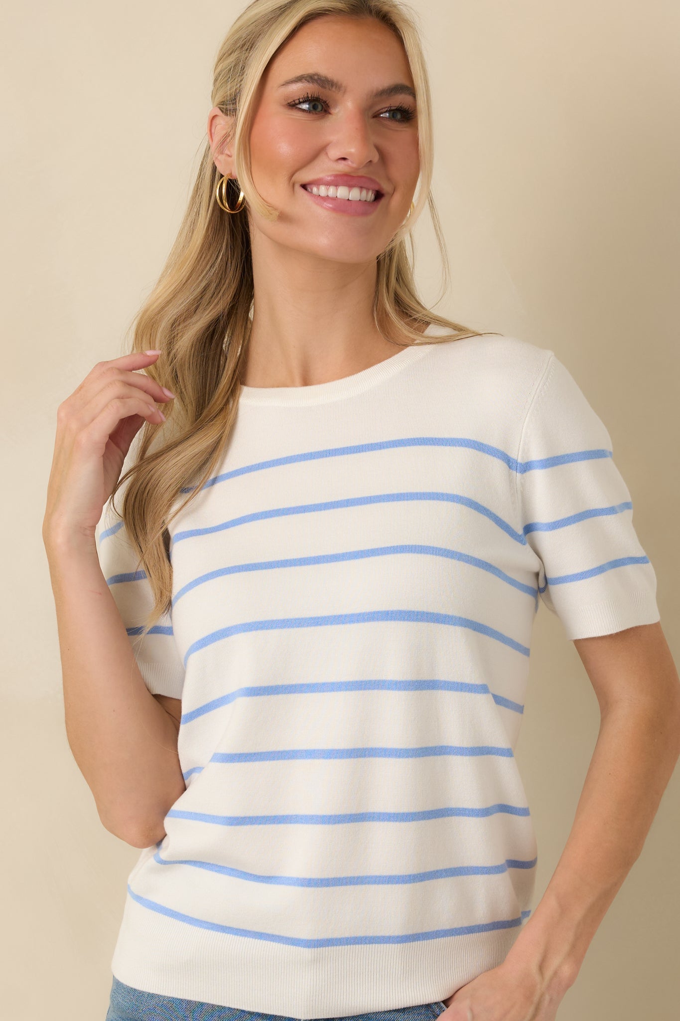 Bound to Happen Blue Stripe Knit Short Sleeve Sweater