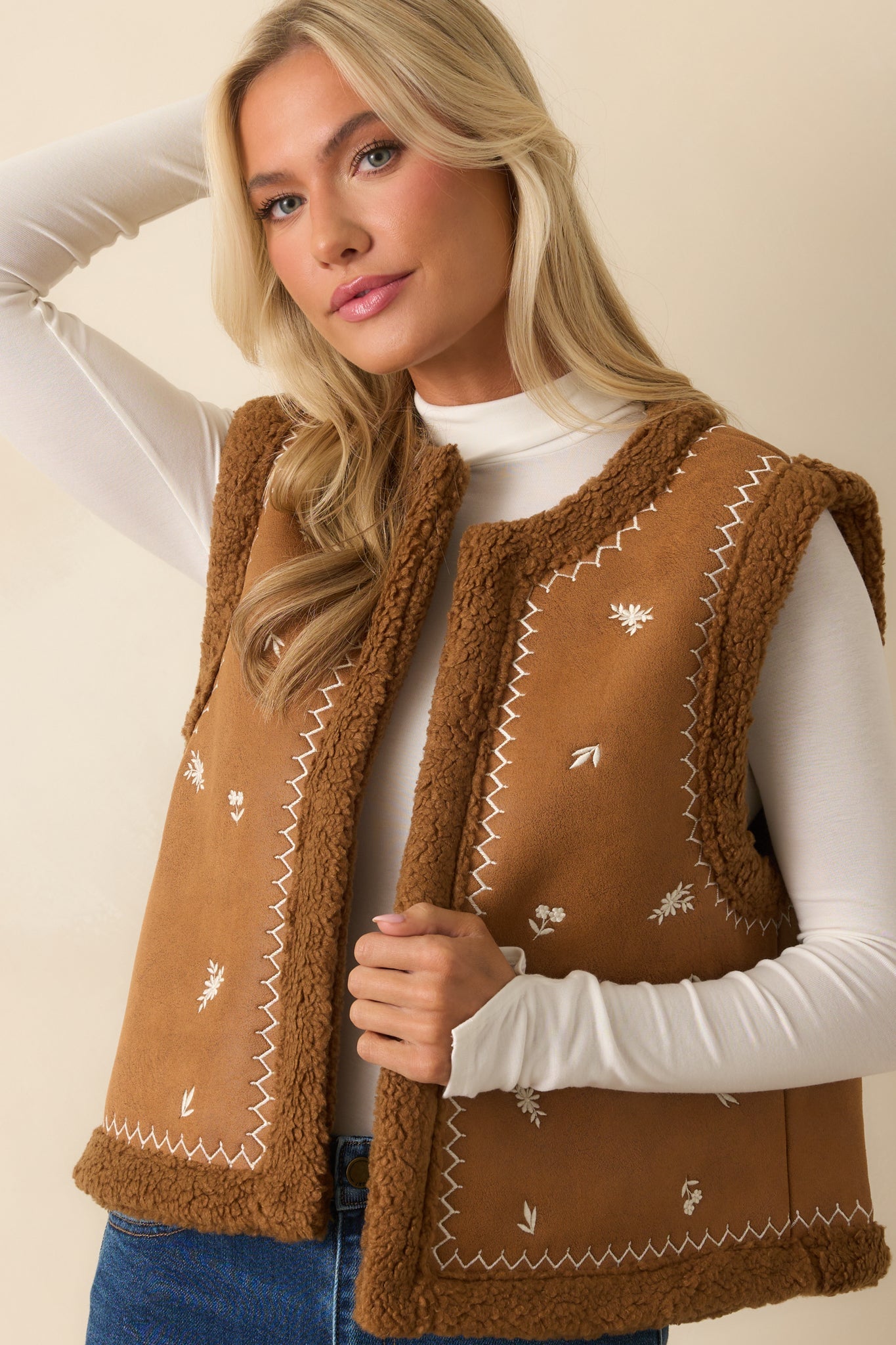 Go Ahead Then Caramel Brown Faux Suede Floral Embroidered Vest