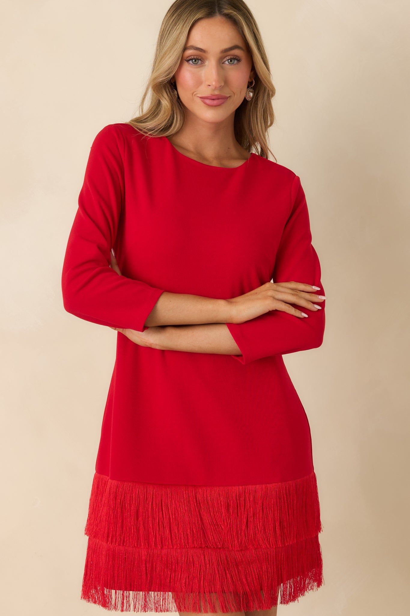 Coming In Hot Red 3/4 Sleeve Fringe Mini Dress