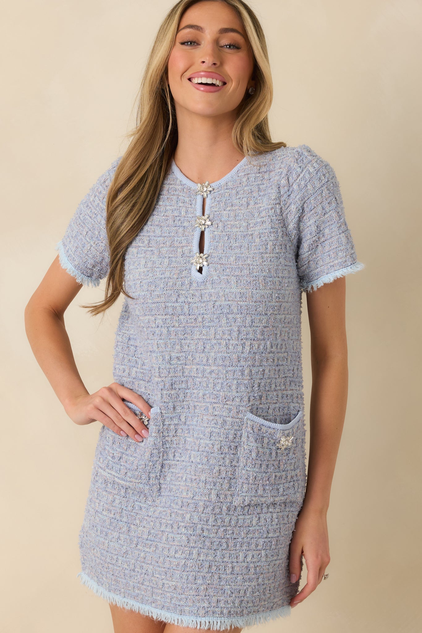 Soft Kisses Light Blue Short Sleeve Tweed Mini Dress